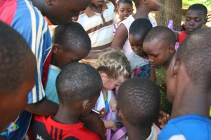 My daughter handing out gifts